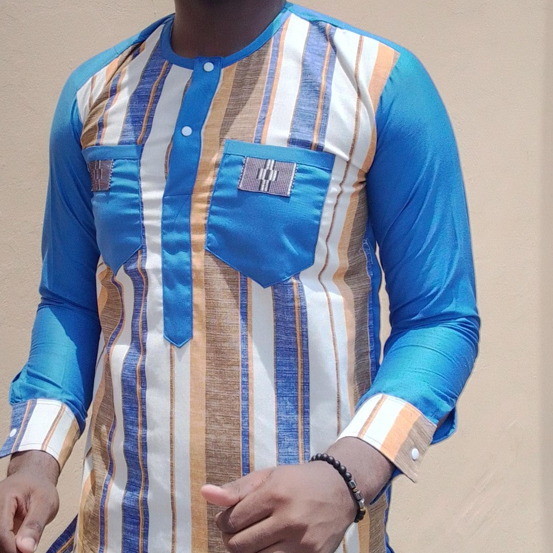 🌟 Tunique Homme Col Mao Bicolore –